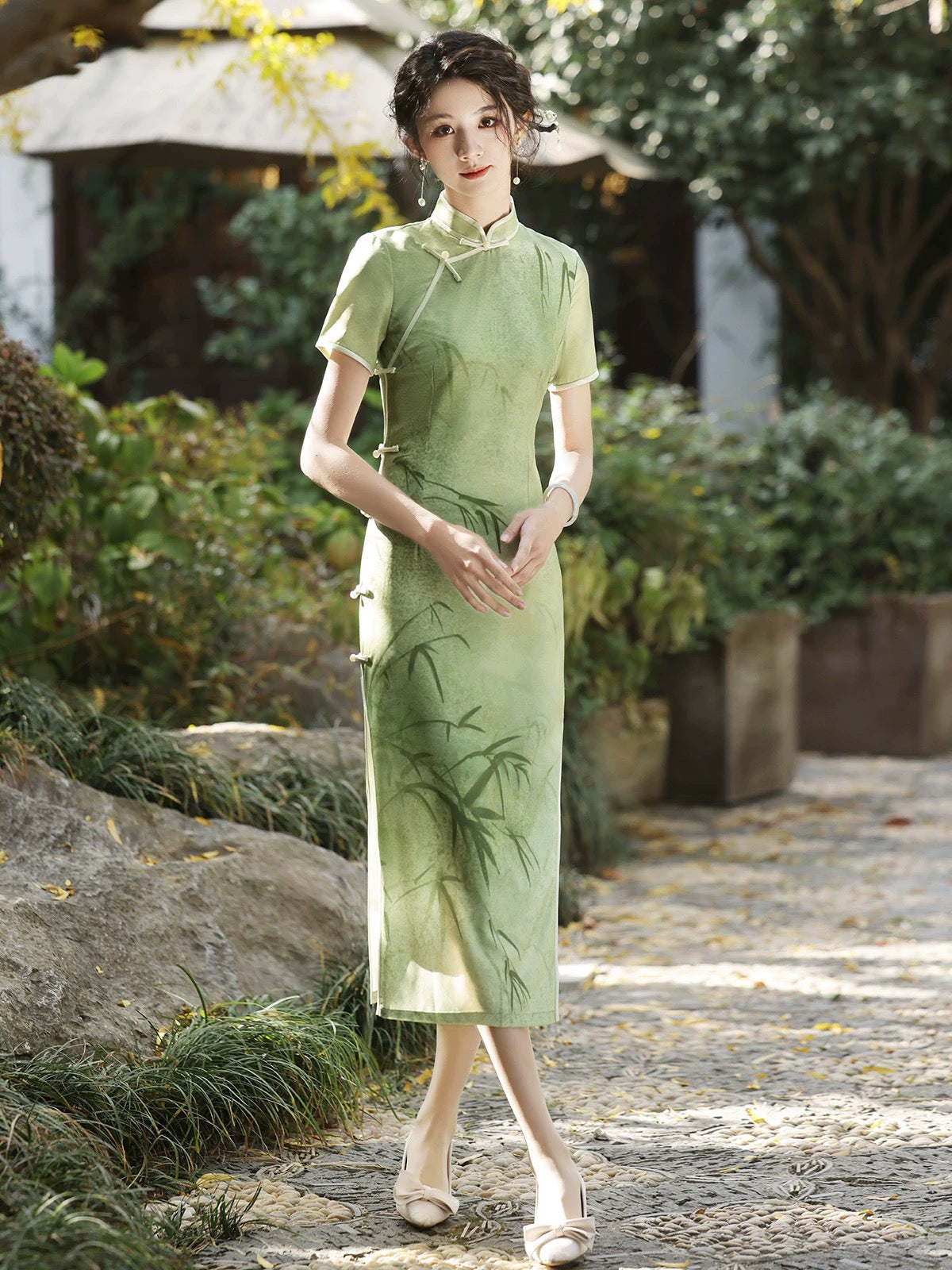 Green Bamboo Cheongsam Dress