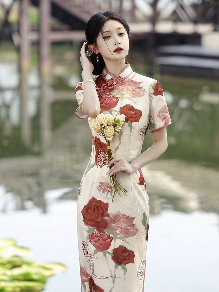 Elegant Rose Cheongsam Dress