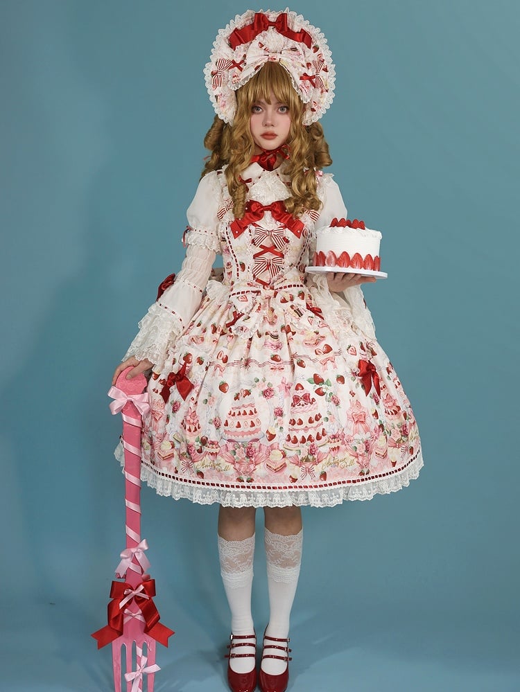 / Sweet Set Desserts Strawberry White Lolita JSK Print Bow and Full Accents