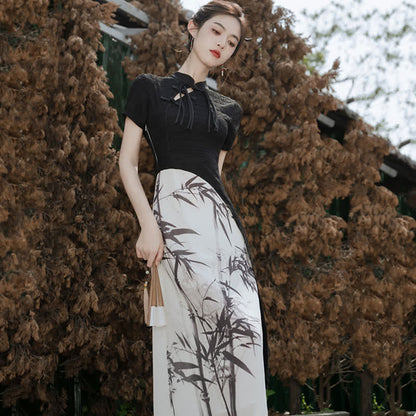 Vintage Bamboo Print Buckle Irregular Cheongsam Dress