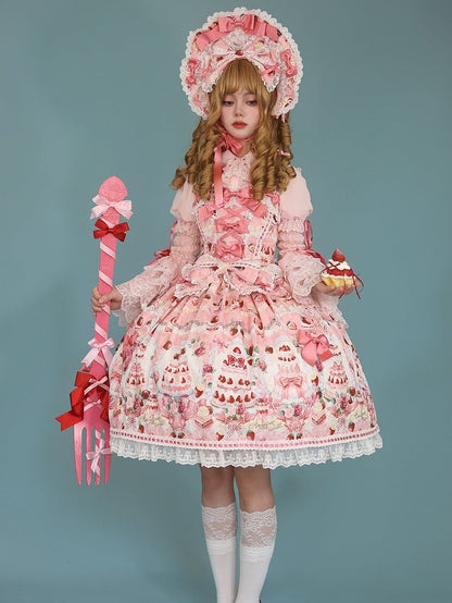 Pink Strawberry and Print JSK Full / Bow Sweet Set Lolita Desserts Accents
