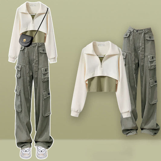 Zipper Lapel T-Shirt Vest Pockets Cargo Pants Set