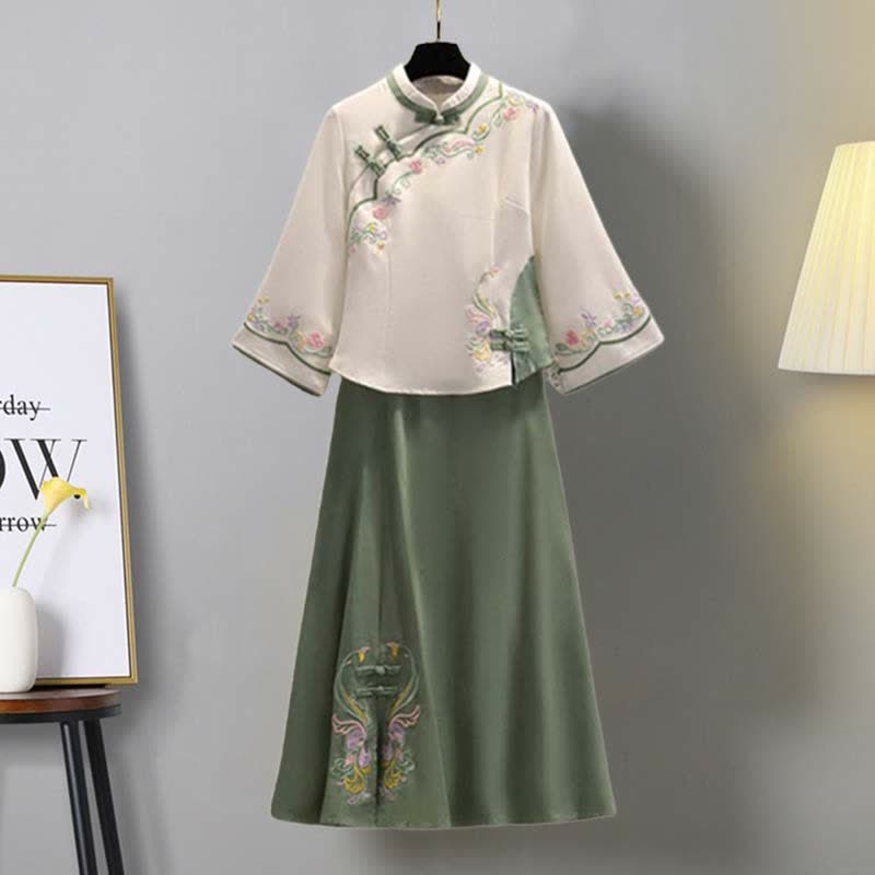 Floral Embroidery Buckle Vintage Top Skirt Set