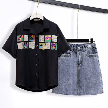 Embroidery Loose Laple T-Shirt Denim Skirt