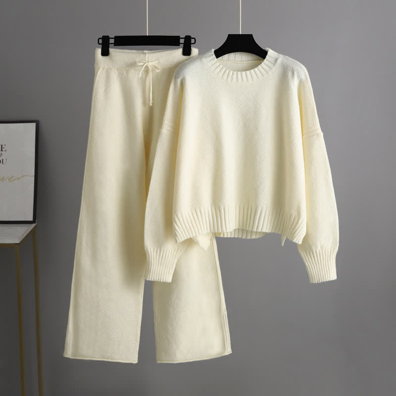 Pure Color Knit Sweater Wide Leg Pants Set