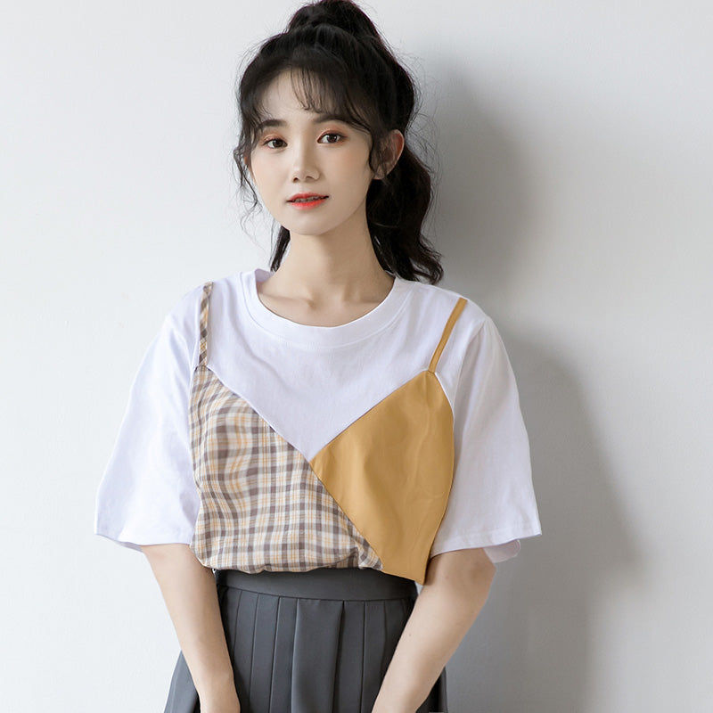 Sweet Plaid Color Block Fake Two Piece T-Shirt