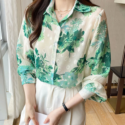 Green Floral Print Puff Sleeve Chiffon Shirt