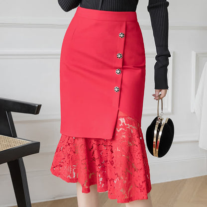 Elegant Lace Stitching Button Front Skirt