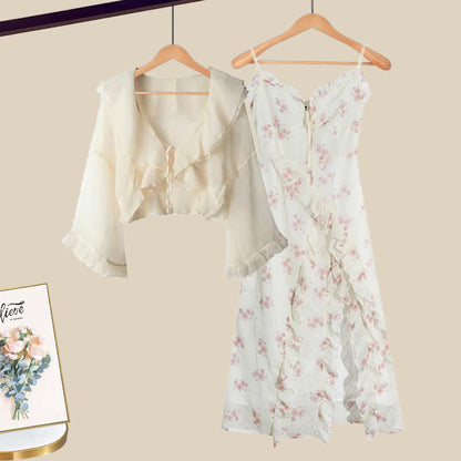 Elegant Cardigan Floral Print Split Slip Dress Set