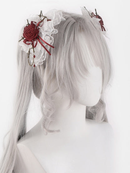 White Lace Red Rosette Bowknot Hairclips