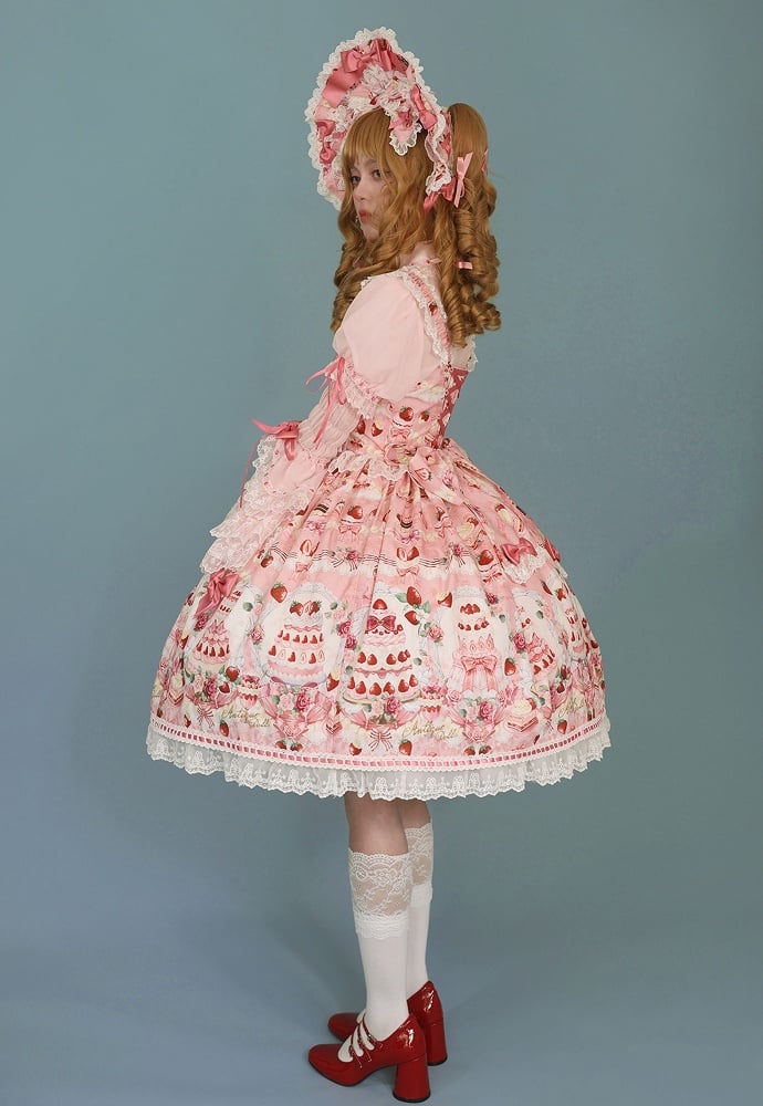 Pink Strawberry and Print JSK Full / Bow Sweet Set Lolita Desserts Accents