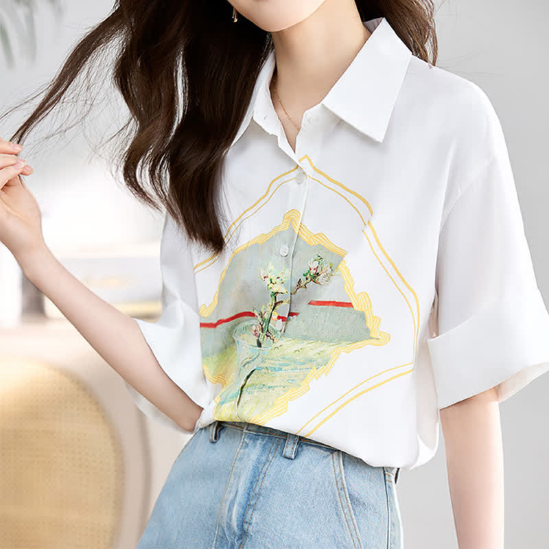 Painting Print Short Sleeve Chiffon Lapel Shirt