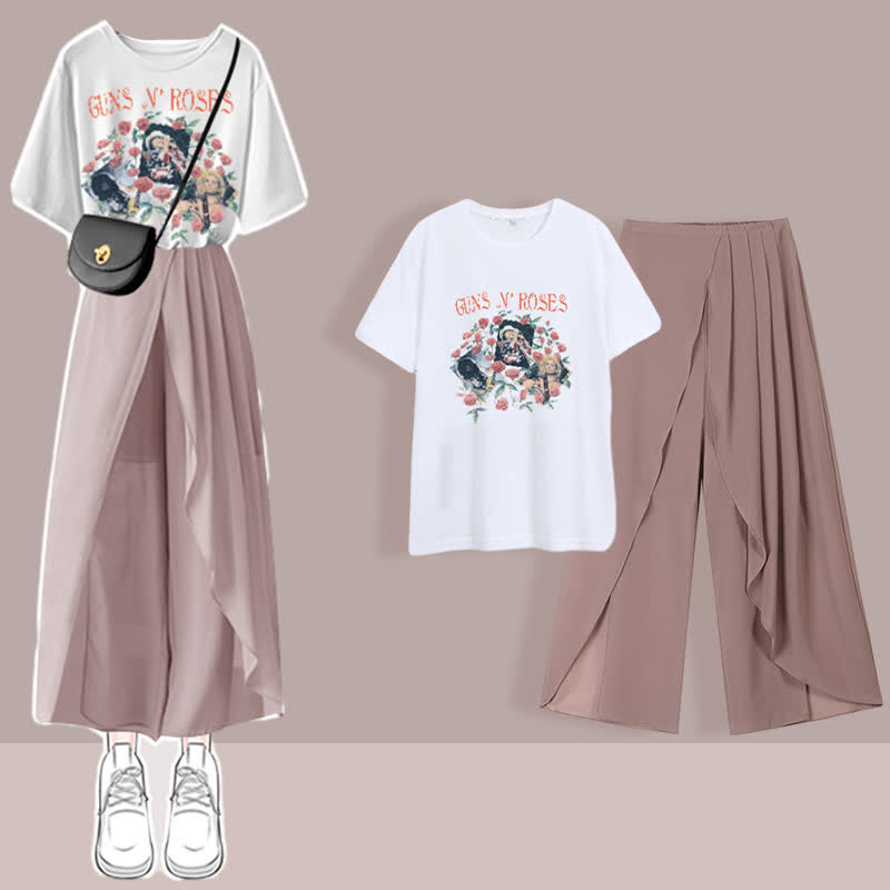 Printed T-Shirt Chiffon Pleated Split Pants Set