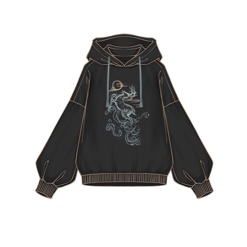 Couple Deer Embroidery Loose Hoodie Dress