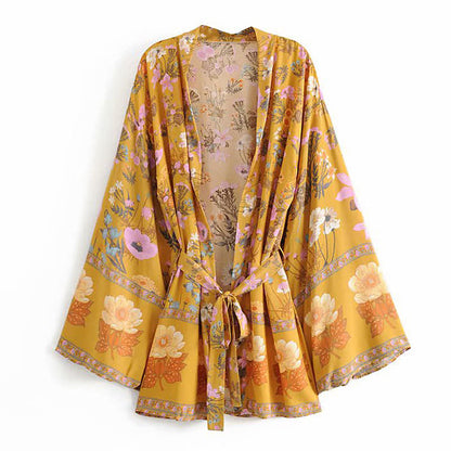 Boho Blossom Print Belt Cardigan Outerwear