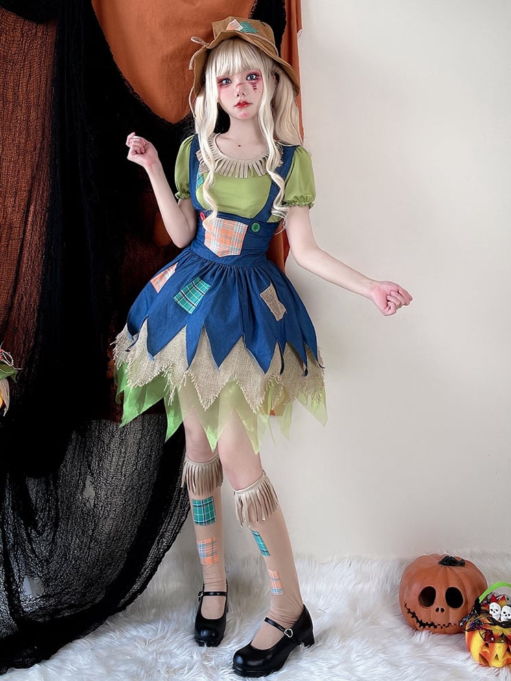 Halloween Green Blouse and Blue Dress Scarecrow Costume