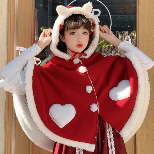 Cute Wings Ears Love Heart Hooded Short Cloak Coat