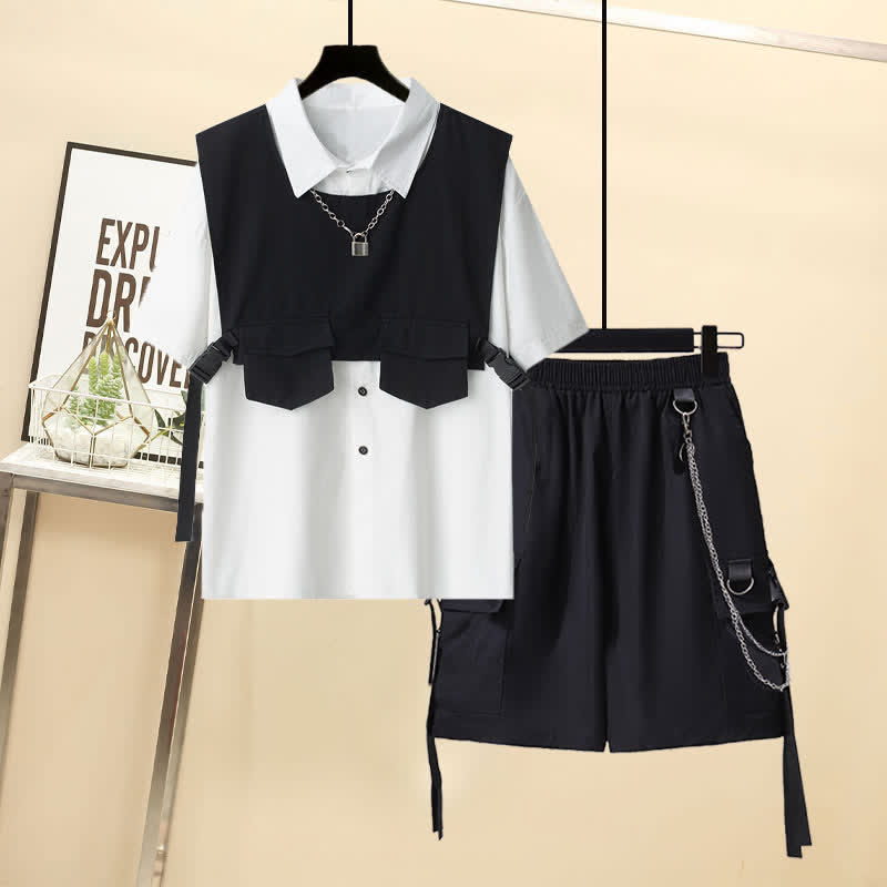 Gothic Buckle Pocket Vest Lapel T-Shirt Chain Cargo Shorts Pants