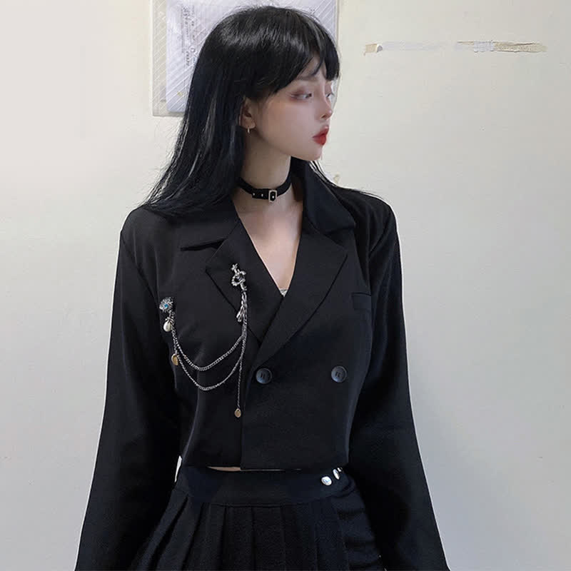 Black Gothic Chain Crop Blazer Hollow Buckle Pleated Skirt