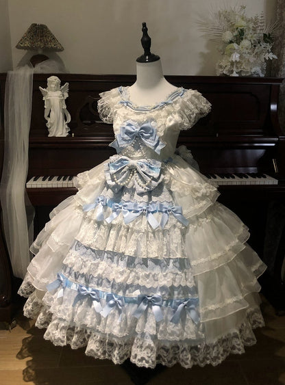 Hanayome and Hime Dress Blue Lolita Decoration White Skirt Bows Tiered