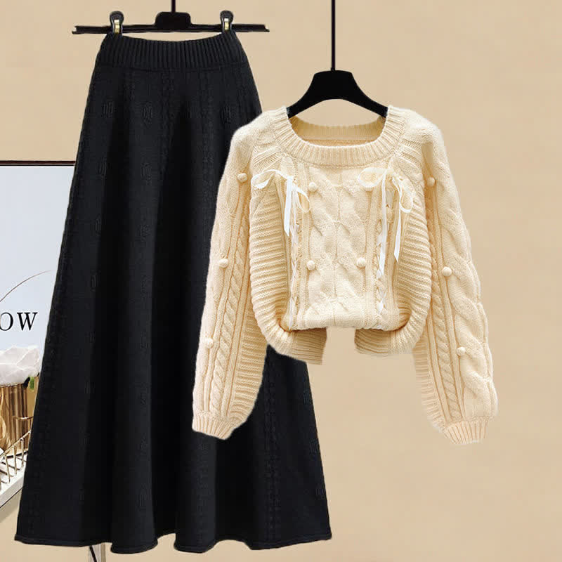 Pills Decor Cable Knit Sweater Skirt Set