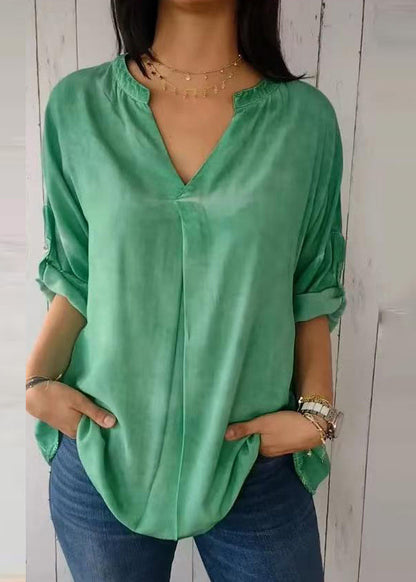 Solid Green Neck Sleeve 2025 Short V Shirt