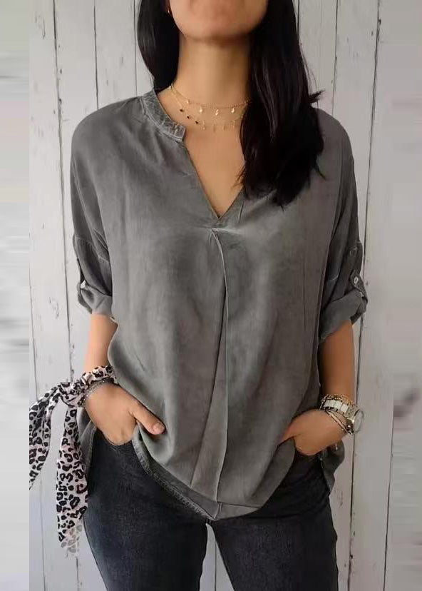 Solid Green Neck Sleeve 2025 Short V Shirt