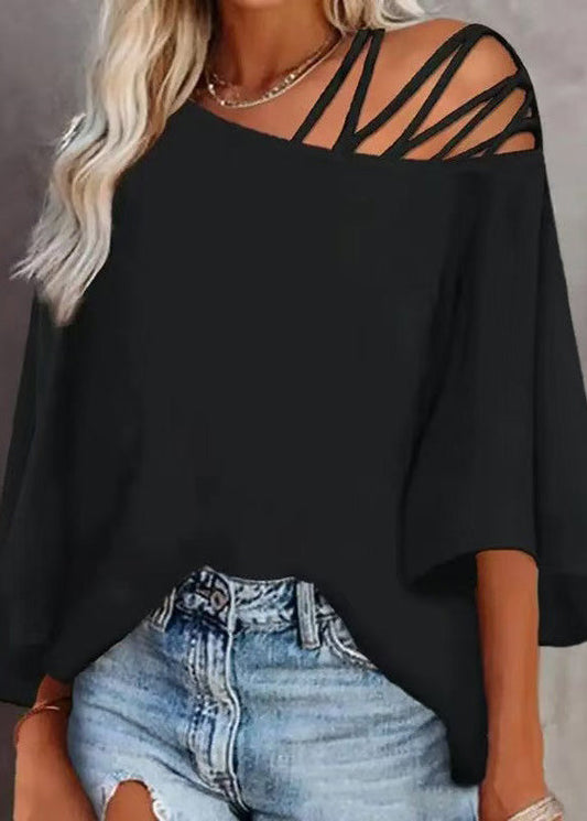 2025 Hollow Loose Black Top Sleeve Out Batwing New