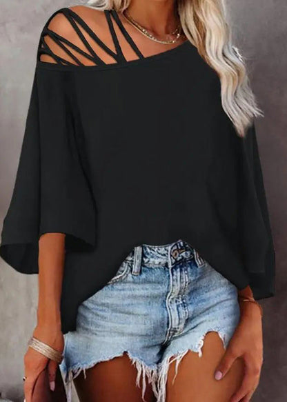 2025 Hollow Loose Black Top Sleeve Out Batwing New