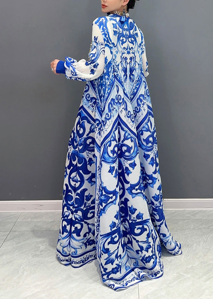 And 2025 White Blue Chiffon Porcelain Summer New Pleated Print