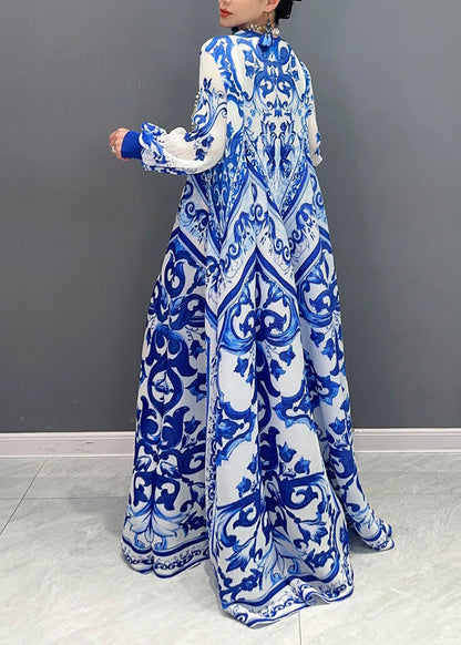 And 2025 White Blue Chiffon Porcelain Summer New Pleated Print