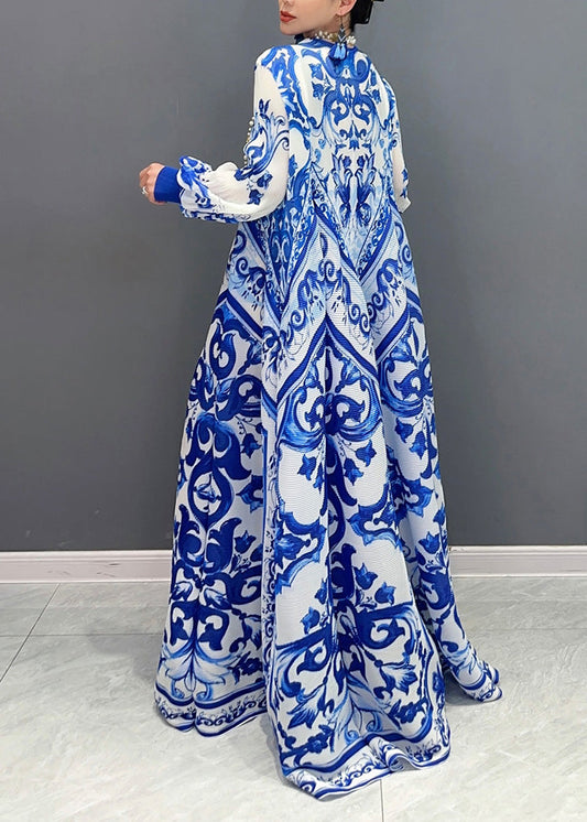 And 2025 White Blue Chiffon Porcelain Summer New Pleated Print