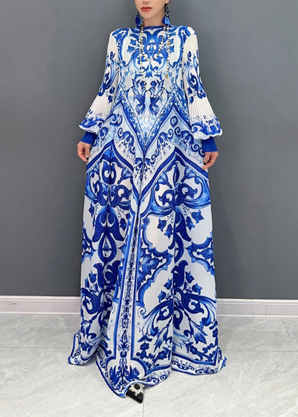 And 2025 White Blue Chiffon Porcelain Summer New Pleated Print