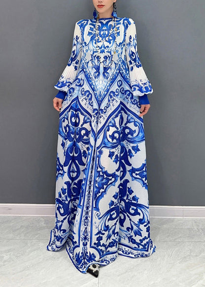 And 2025 White Blue Chiffon Porcelain Summer New Pleated Print