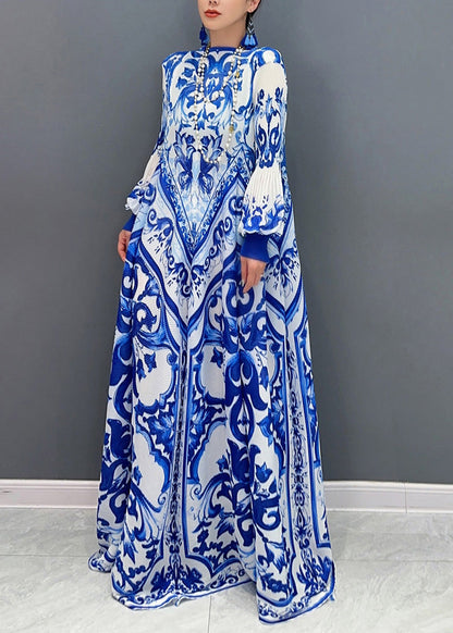 And 2025 White Blue Chiffon Porcelain Summer New Pleated Print