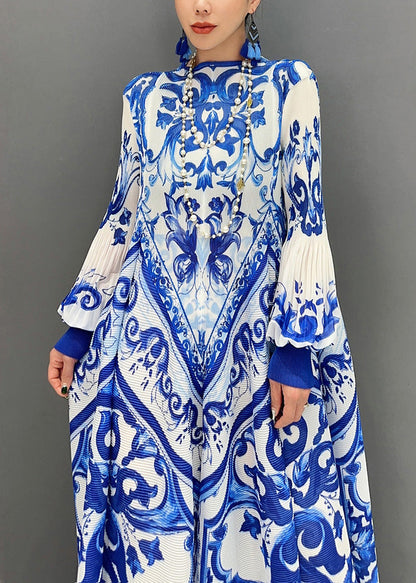 And 2025 White Blue Chiffon Porcelain Summer New Pleated Print