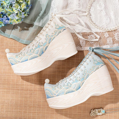 Vintage Wave Print Pearl Platform High Heels Shoes