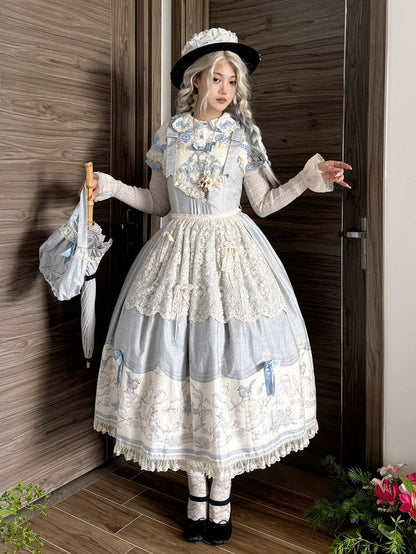 Blue Jumper Floral and Titmouse Print Skirt Lolita
