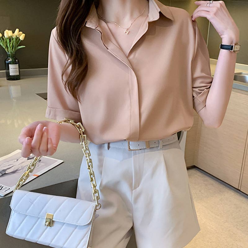 Casual Polo Collar Cuffed Sleeve Shirt