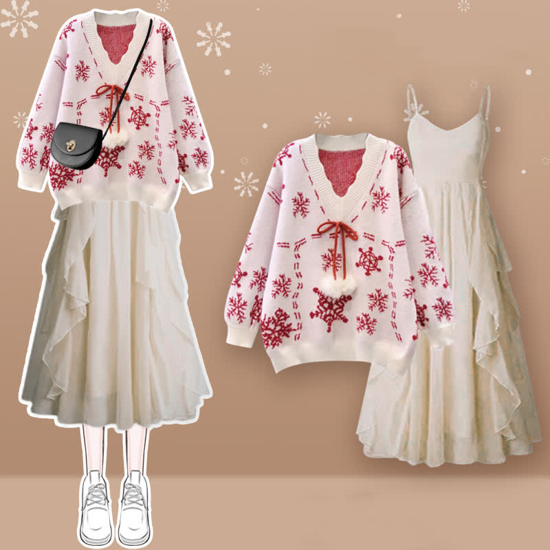 Snowflake Print Fuzzy Ball Sweater Flouncing Slip Dress