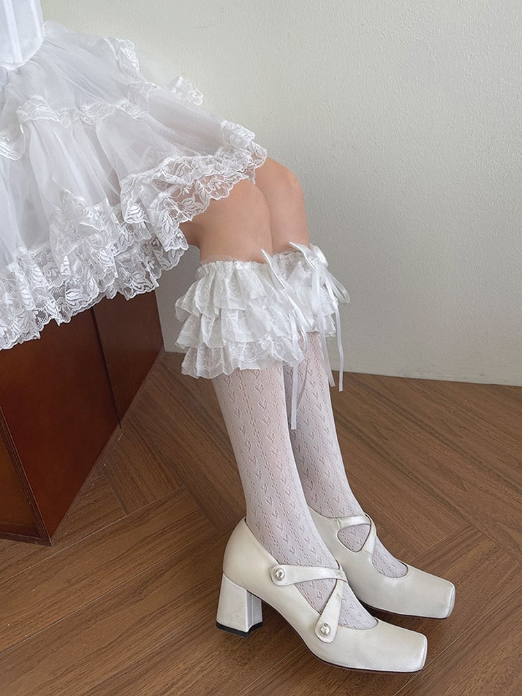Heart Stockings Underknee Print Lace Ruffle Trims White/Black Bowknot