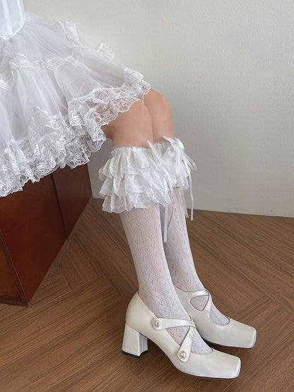 Heart Stockings Underknee Print Lace Ruffle Trims White/Black Bowknot