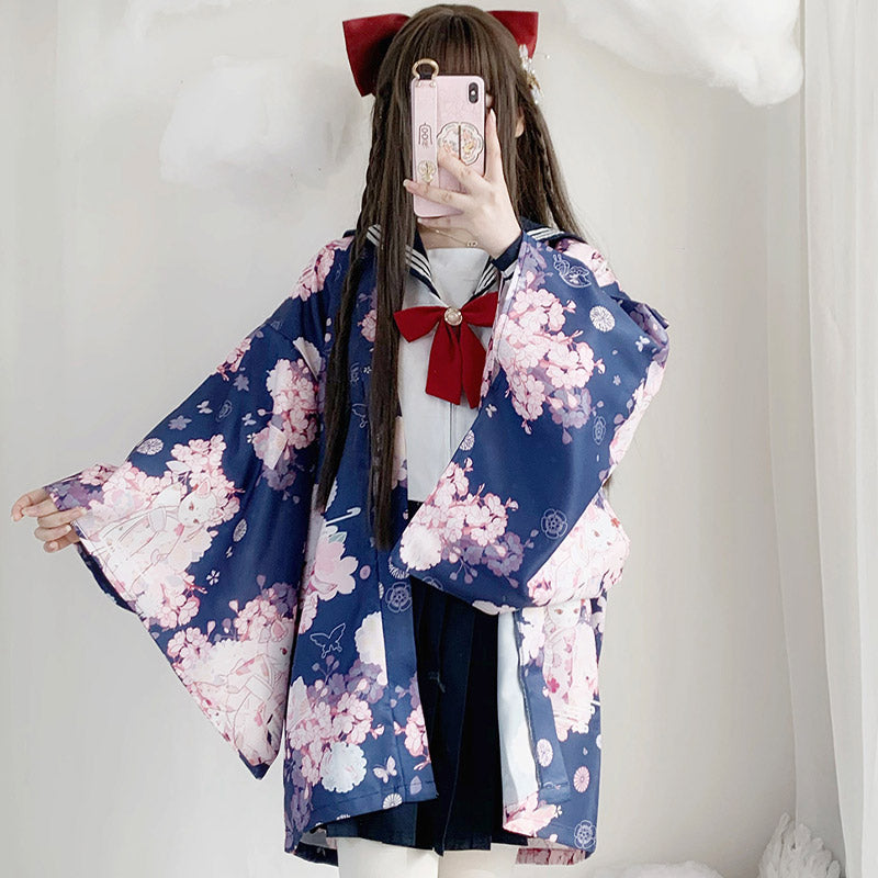 Cat Sakura Print Loose Cardigan Kimono Outerwear