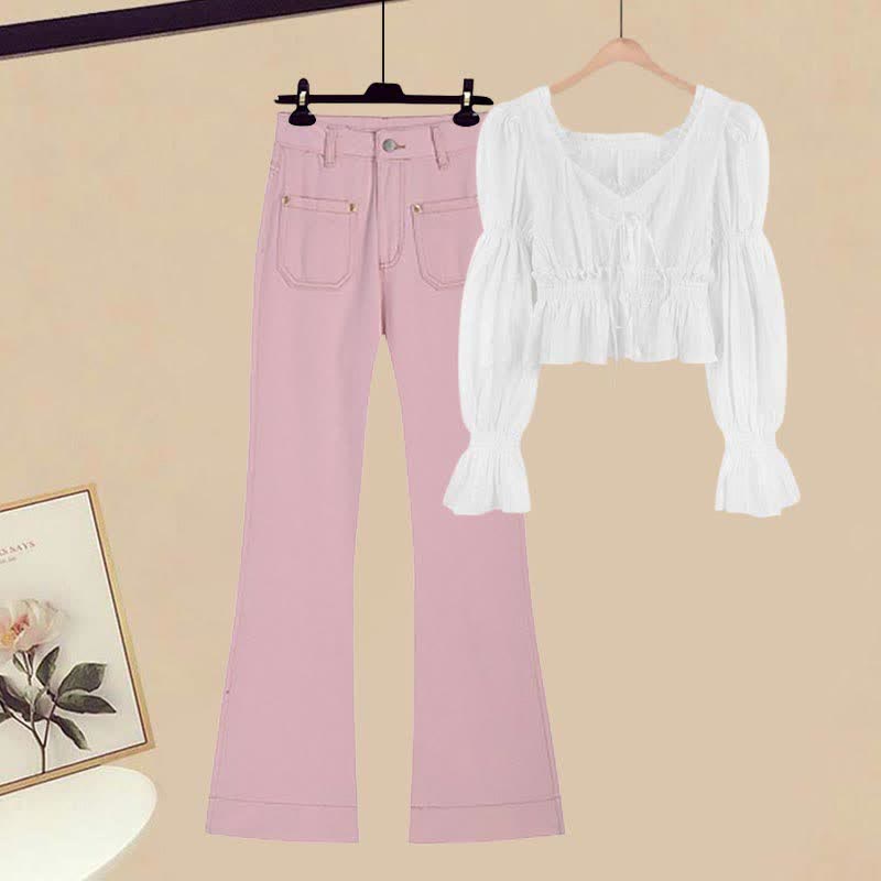 Puff Sleeve Shirt Flared Pink Denim Pants Set