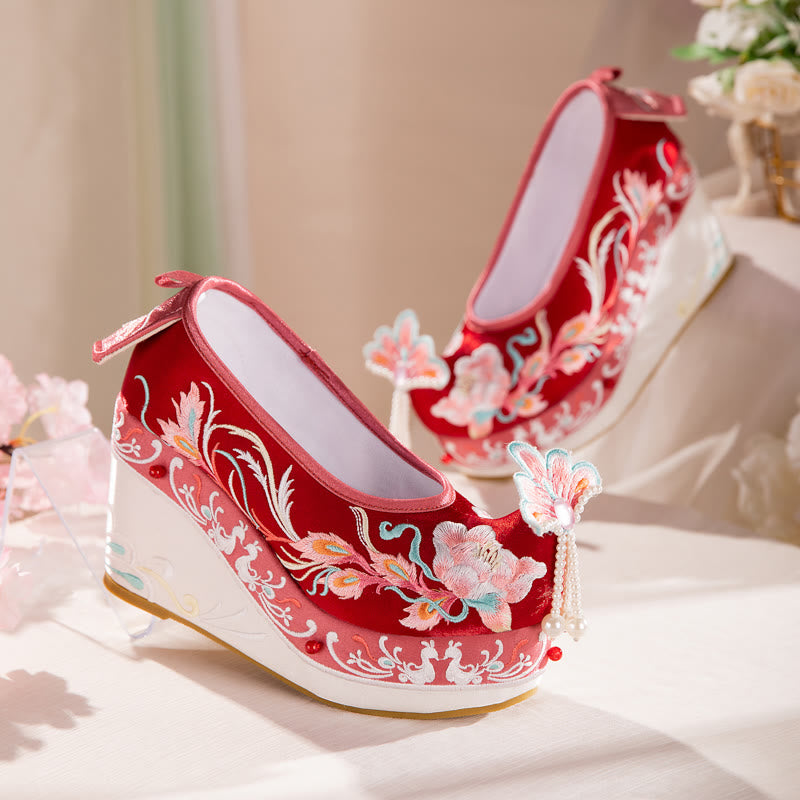 Flower Embroidery Butterfly Pearl Decor Wedge Shoes