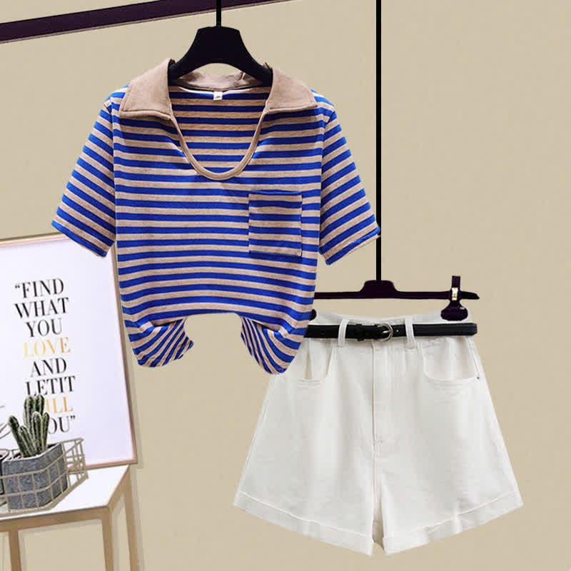 Stripe Pocket Crop Top T-Shirt Denim Shorts modakawa