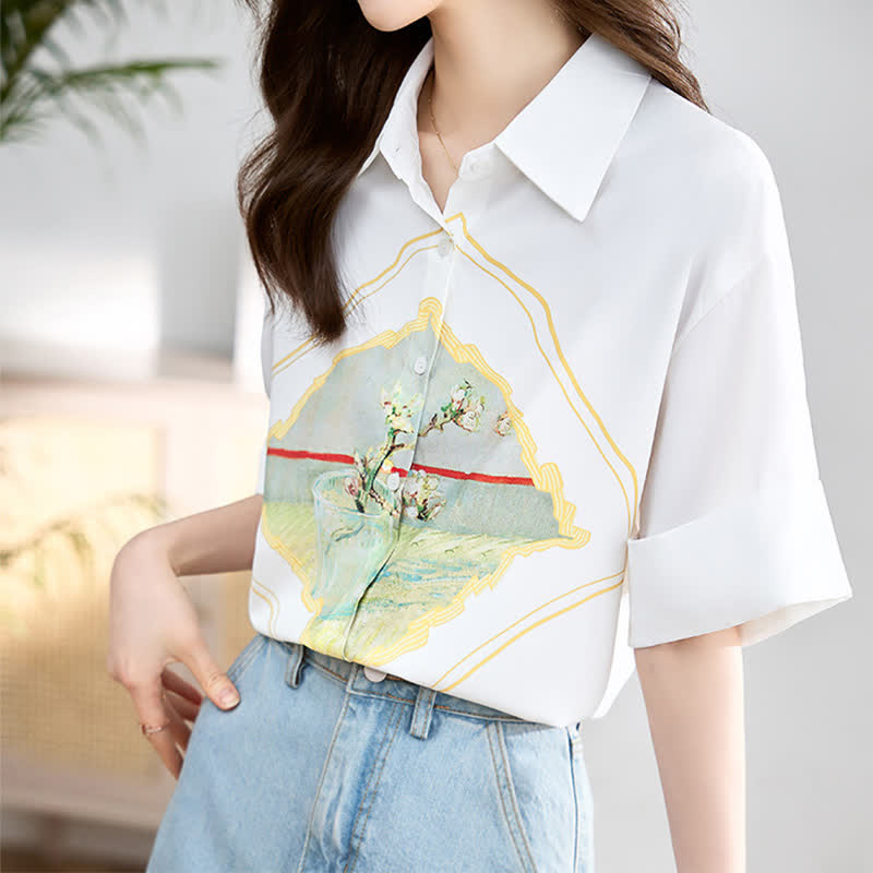 Painting Print Short Sleeve Chiffon Lapel Shirt