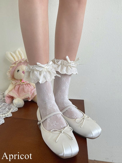 Black/White/Apricot Bowknot Hollow-out Socks Details Trim Lace
