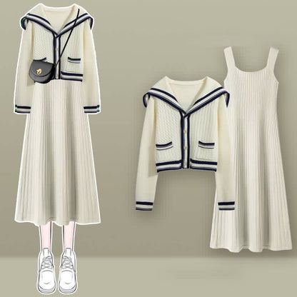 Sailor Collar Cable Sweater Slip Dress Denim Skirt