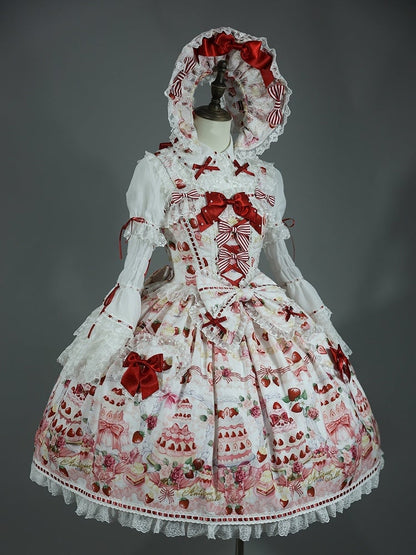 / Sweet Set Desserts Strawberry White Lolita JSK Print Bow and Full Accents